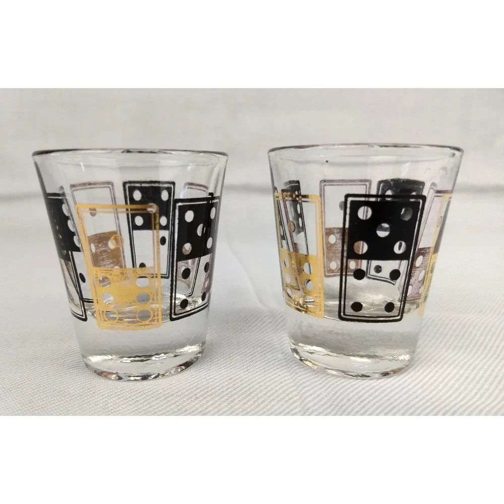 Vintage Anchor Hocking Shot Glasses‎ Black & Gold Dice Domino 1oz